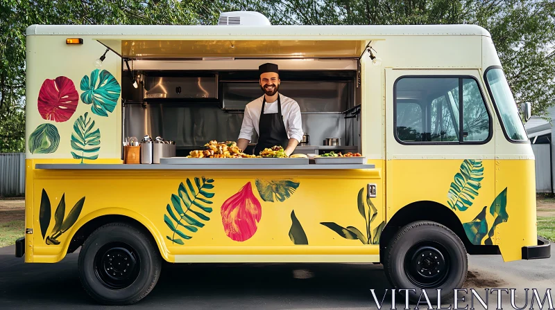 Vibrant Food Truck with Tropical Design and Smiling Chef AI Image