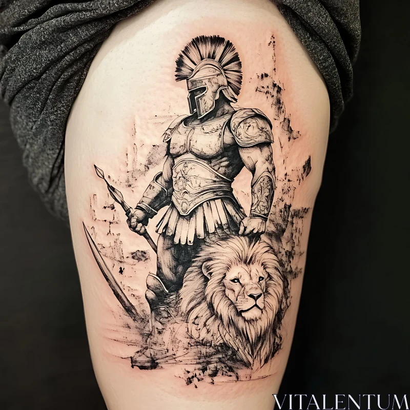 Valiant Warrior with Lion Tattoo AI Image