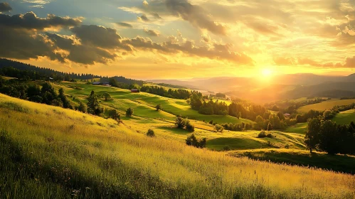 Sunset Over Rolling Hills and Meadow