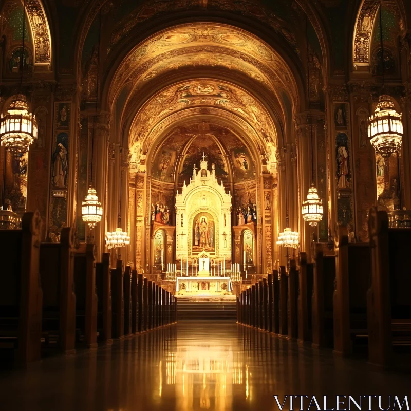 Ornate Church Interior with Golden Light AI Image