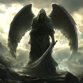 Winged Reaper with Sword on Mountain