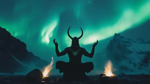 Horned Figure Meditating in Aurora Borealis