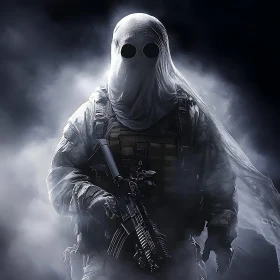 Spectral Soldier with Weapon in Smoky Ambiance