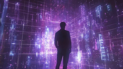 Man in Digital Neon Cityscape