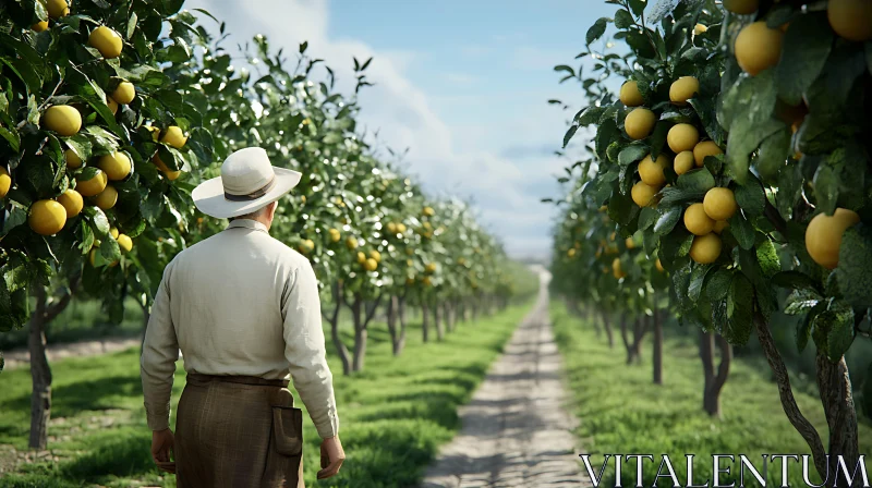 Man Walking Through Lemon Tree Orchard AI Image