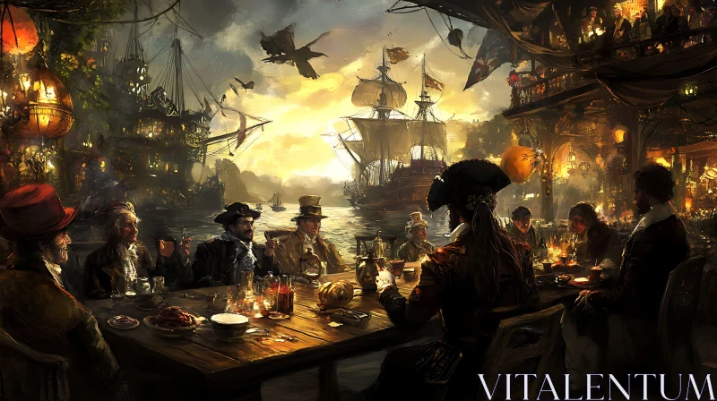 Sailors in Harbor Tavern at Sunset AI Image