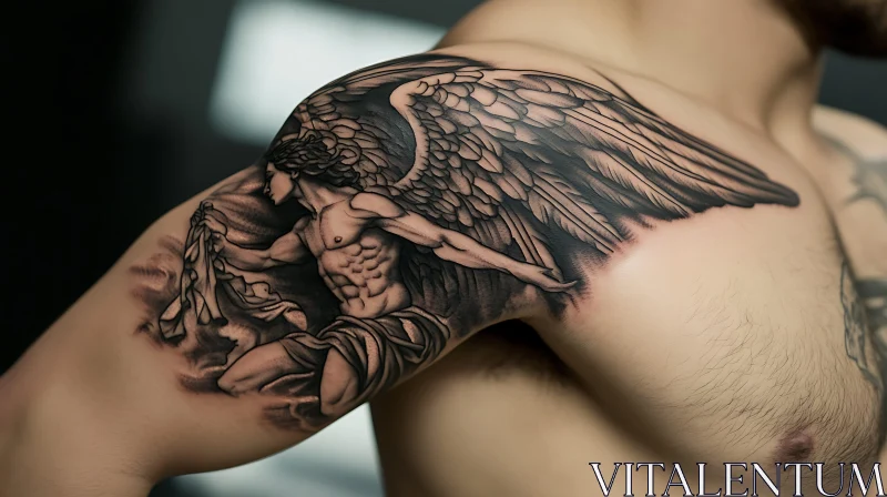 Intricate Angel Tattoo Art on Shoulder AI Image