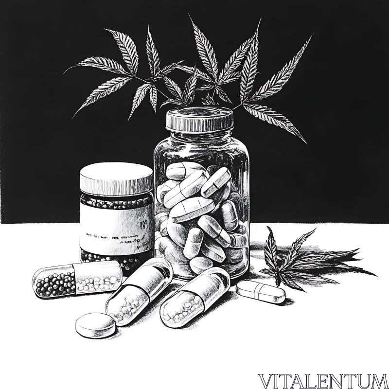 Glass Bottles with Pills and Leaves Artwork AI Image