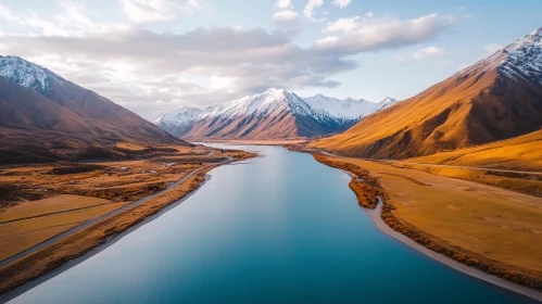 Scenic Landscape with Lake and Mountains from Above AI Image