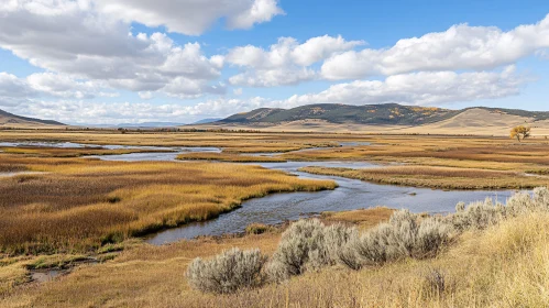 Golden Grassland and Streams with Mountainous Backdrop