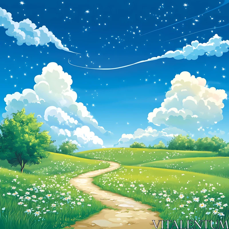 AI ART Scenic Green Meadow with Winding Trail