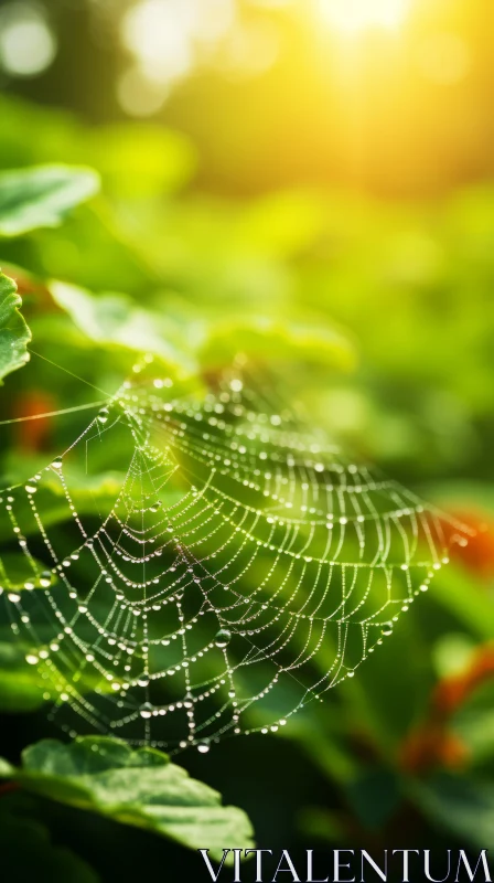 Dew-Kissed Spider Web on Foliage - A Whimsical Fairy Tale Landscape AI Image