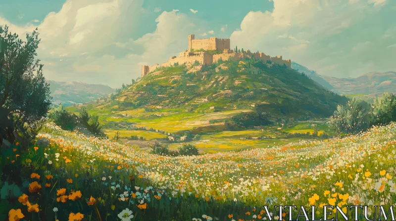 AI ART Scenic Castle View with Wildflowers