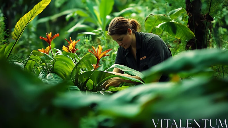 Woman Nurturing Flowers in Green Garden AI Image