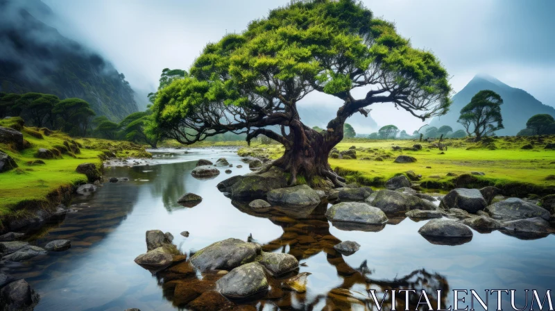 Majestic Tree Reflection in Mountain River - Serene Nature Landscape AI Image