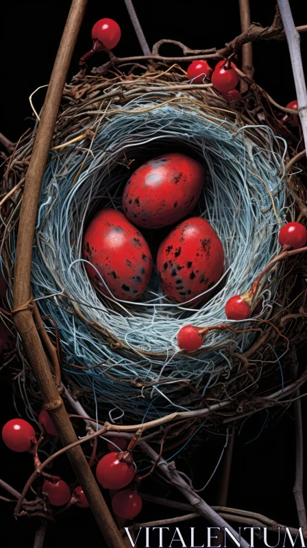 Red Birds Nest with Bronze Eggs - Trompe L'oeil Nature Art AI Image