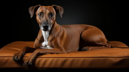 Serene Studio Portrait of Brown Dog on Orange Cushion