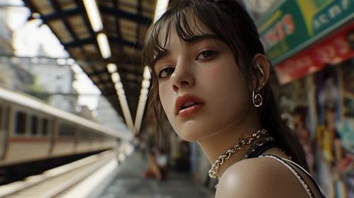 Serious Expression of a Young Woman on a Subway Platform