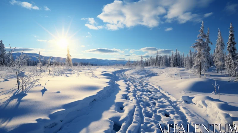 Snowy Landscape Path with Trees | Serene Winter Wallpaper AI Image