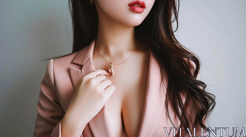Stylish Woman in Pink Suit with Gold Dolphin Necklace AI Image
