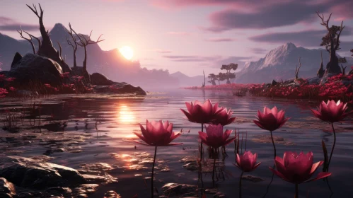 Sunrise Lotus Flowers in Unreal Engine Rendered Landscape