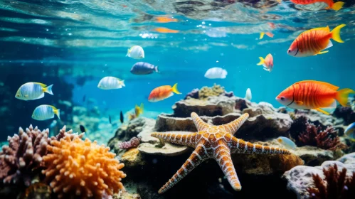 Underwater Serenity: Starfish Amidst Colorful Fish and Coral