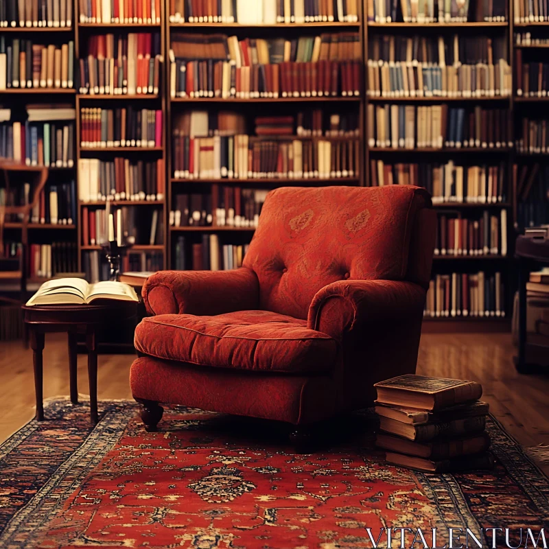 AI ART Red Armchair in a Classic Library Setting