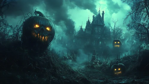 Haunted Halloween Scene with Glowing Pumpkins