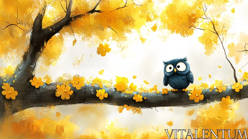 AI ART Whimsical Owl in a Yellow Flowered Forest