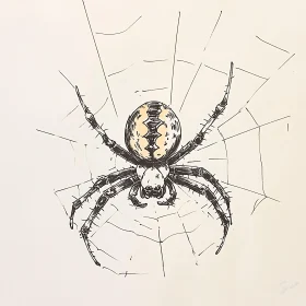 Arachnid on Web Hand Drawn Illustration