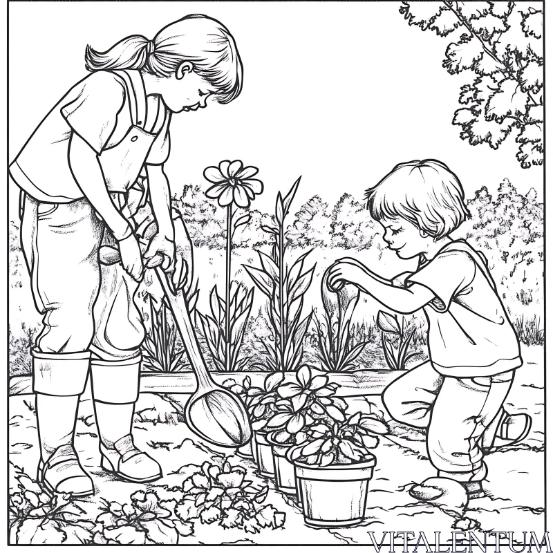 Kids Gardening: Black and White Garden Scene AI Image