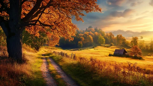 Autumnal Countryside Landscape with Cottage