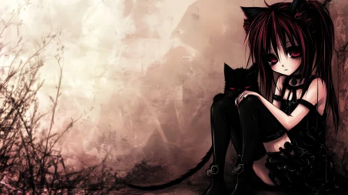 Anime Style Gothic Girl with Black Cat