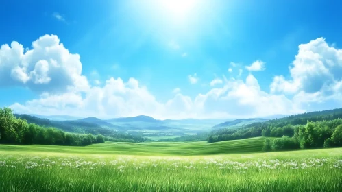 Lush Green Field Under a Sunny Blue Sky