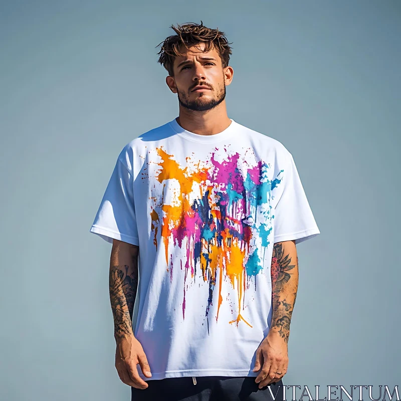 Edgy Model with Colorful Abstract T-Shirt AI Image