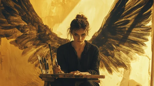 Portrait of Artist Painting Angel Wings