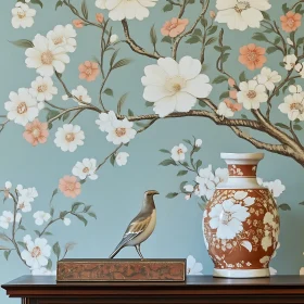 Vintage Floral Arrangement with Bird Figurine