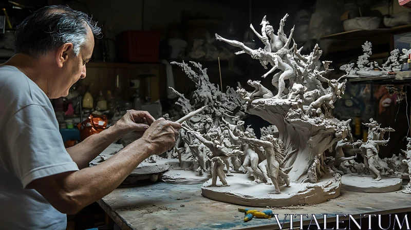 Intricate Clay Sculpture Creation in Artist's Workshop AI Image