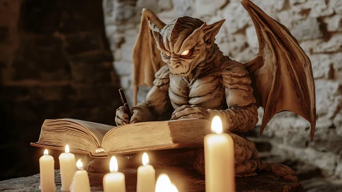 Stone Gargoyle Writing by Candlelight