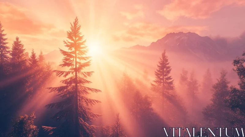 AI ART Sunset Radiance over Misty Forest and Mountains