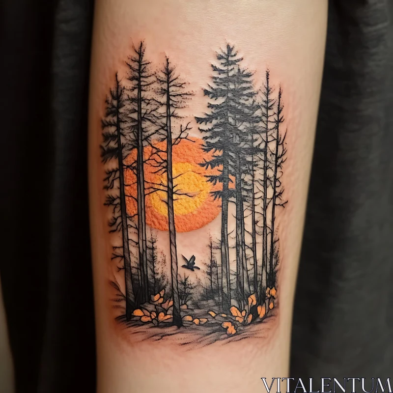 AI ART Black Ink Forest with Orange Sunset Tattoo