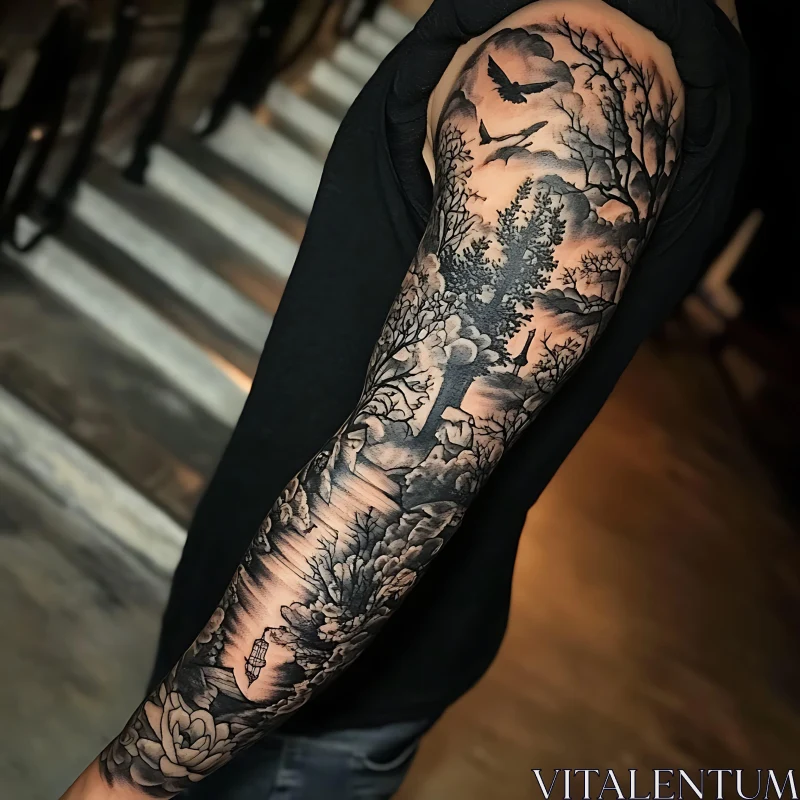 Nature-Inspired Full Sleeve Tattoo in Black and Grey AI Image