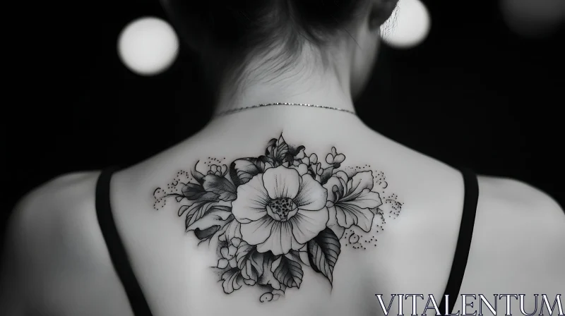 Detailed Black and White Floral Back Tattoo AI Image