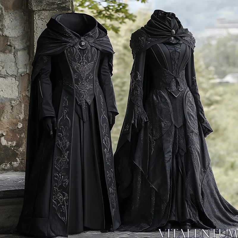 AI ART Hooded Gothic Dresses with Embroidery