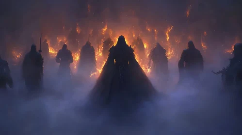 Cloaked Figures Amidst Flames