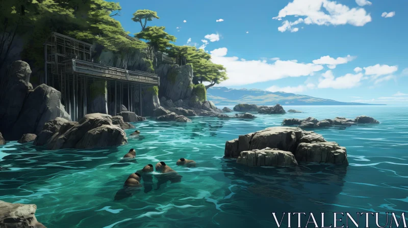 AI ART Anime Seascape with Pool and Rocky Shore - Tranquil Ocean Scene