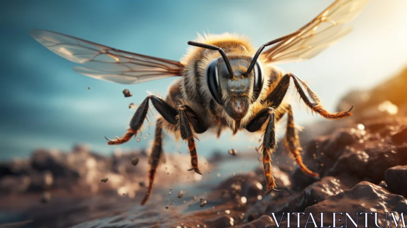 Bee on Rocks under Sunrays: A Sci-Fi Nature Illustration AI Image