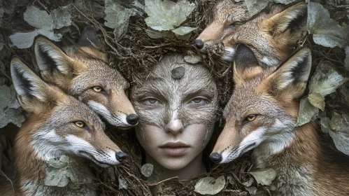 Mystic Woman Surrounded by Foxes