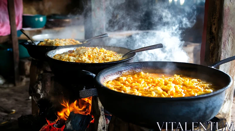 Authentic Rustic Cooking with Open Fire and Pots AI Image