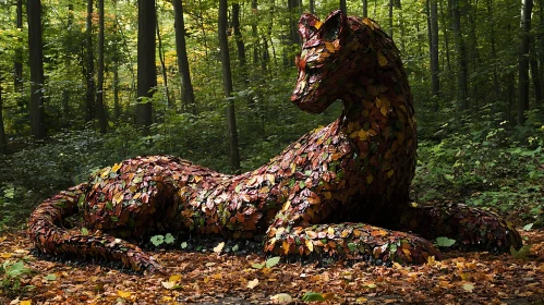 Forest Feline: A Sculpture of Autumn Leaves